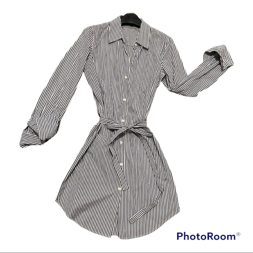 Theory Black and White Striped Shirt Dress